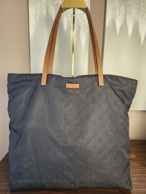 Gucci Guccissima GG Monogram Canvas Tote in Black With Brown Leather Handles